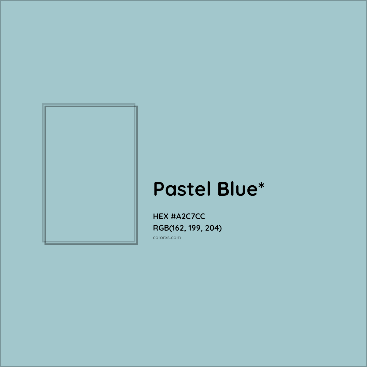 #A2C7CC hex color. RGB, RYB, CMYK, HSL, HSV codes and color conversions. Matching color names, palettes, paints.