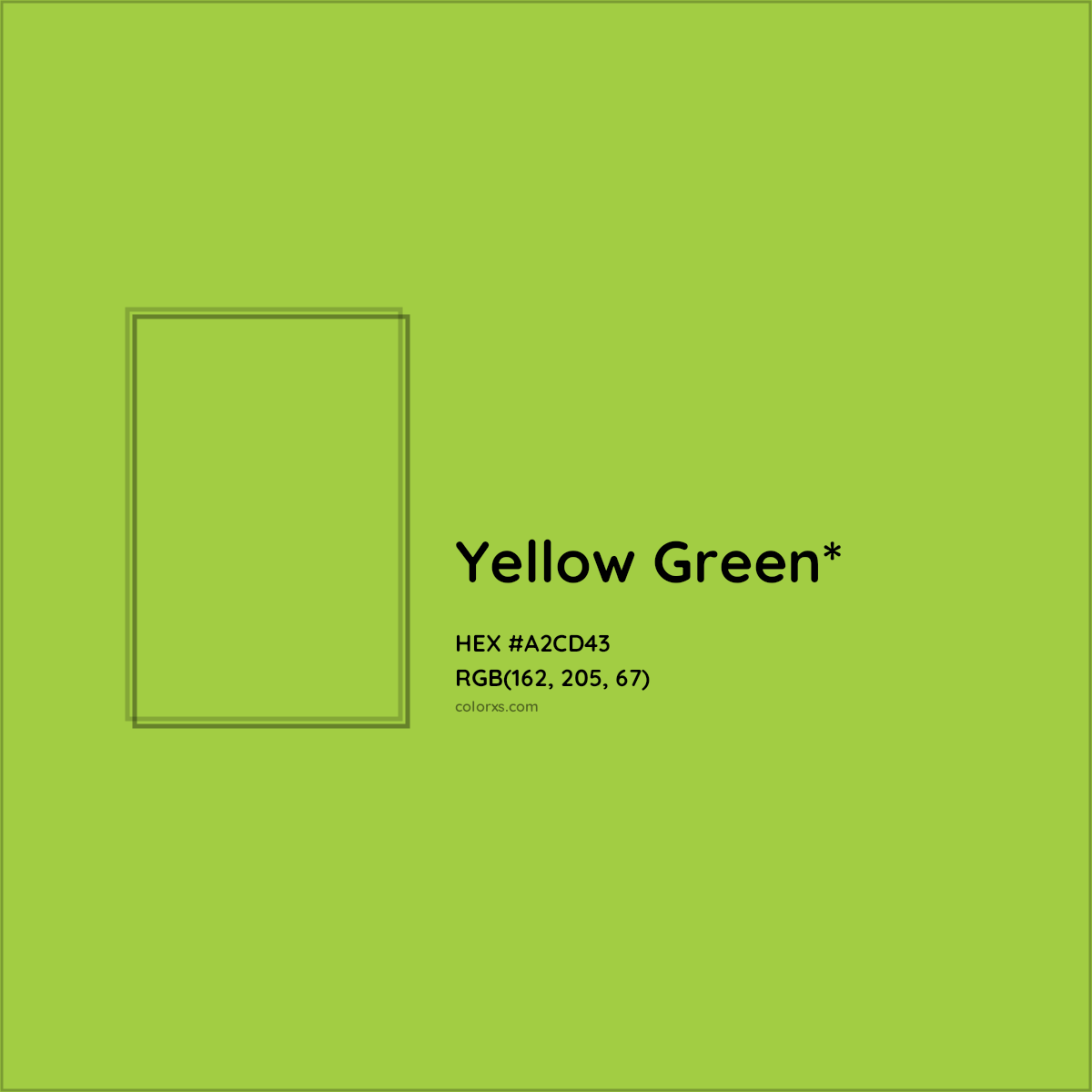 #A2CD43 hex color. RGB, RYB, CMYK, HSL, HSV codes and color conversions. Matching color names, palettes, paints.