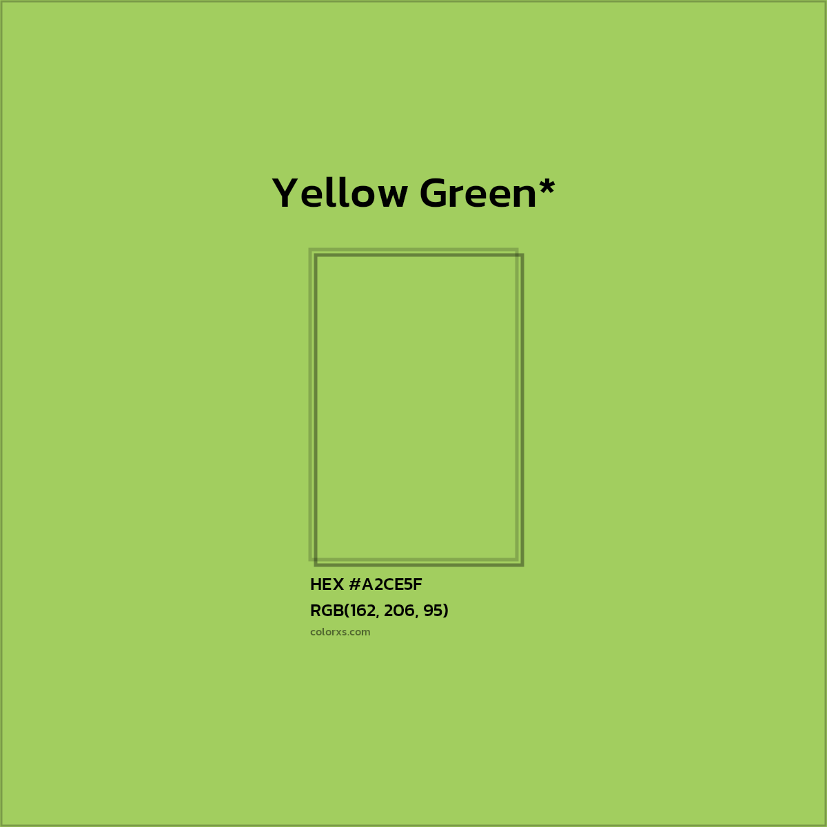 #A2CE5F hex color. RGB, RYB, CMYK, HSL, HSV codes and color conversions. Matching color names, palettes, paints.