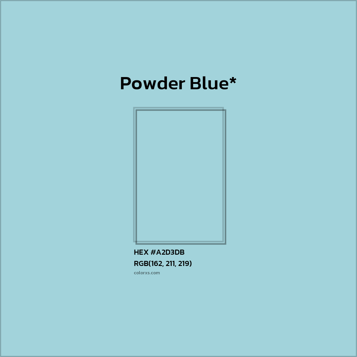 #A2D3DB hex color. RGB, RYB, CMYK, HSL, HSV codes and color conversions. Matching color names, palettes, paints.