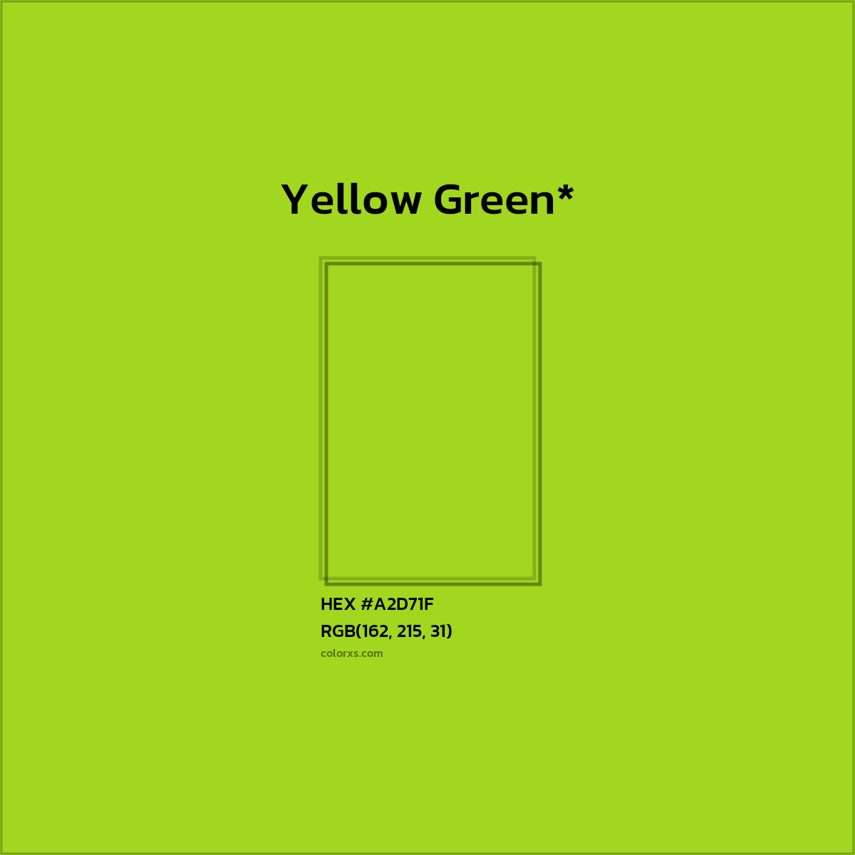 #A2D71F hex color. RGB, RYB, CMYK, HSL, HSV codes and color conversions. Matching color names, palettes, paints.