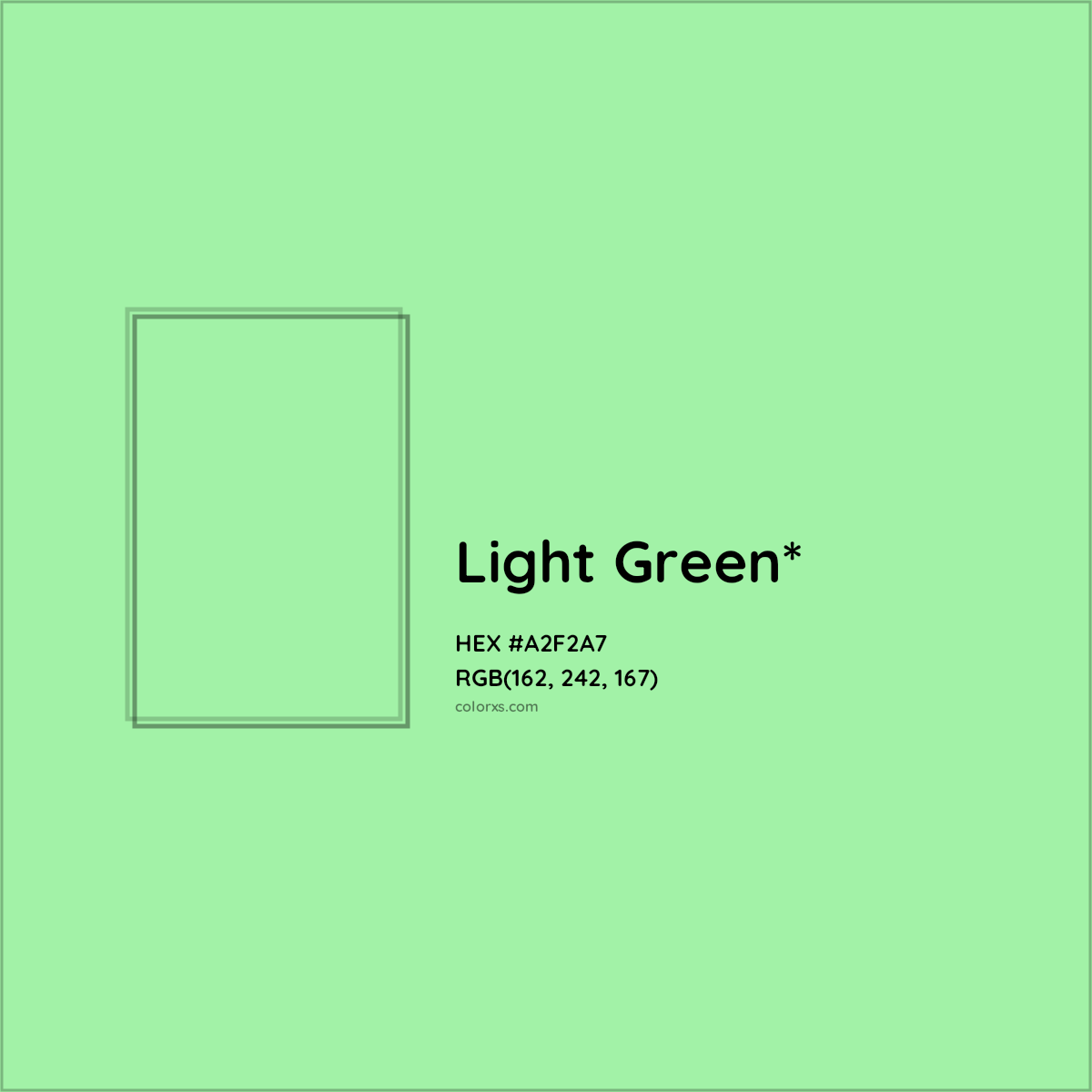 #A2F2A7 hex color. RGB, RYB, CMYK, HSL, HSV codes and color conversions. Matching color names, palettes, paints.