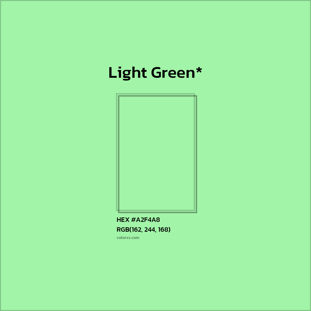 #A2F4A8 hex color. RGB, RYB, CMYK, HSL, HSV codes and color conversions. Matching color names, palettes, paints.