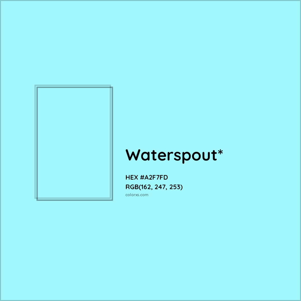 #A2F7FD hex color. RGB, RYB, CMYK, HSL, HSV codes and color conversions. Matching color names, palettes, paints.