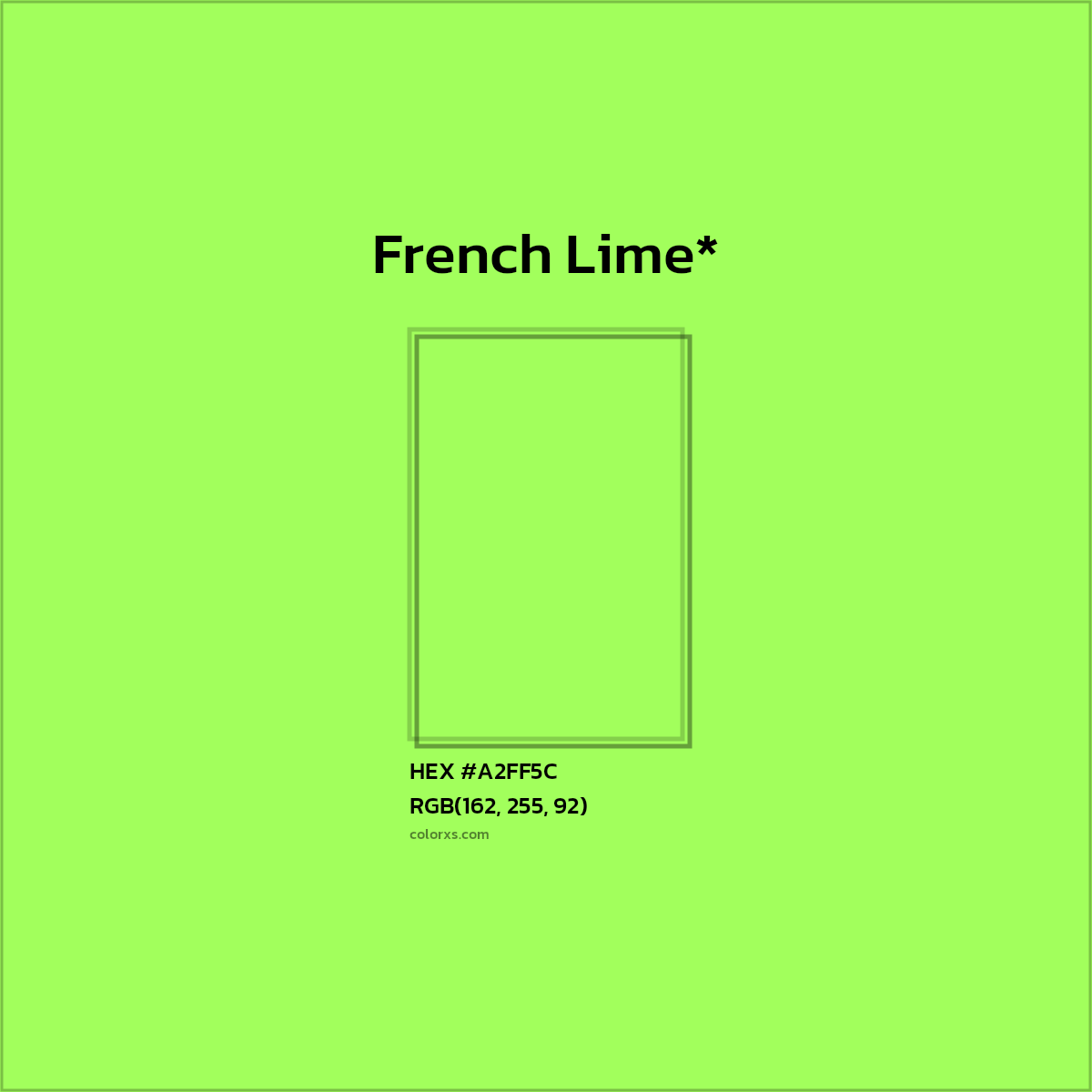 #A2FF5C hex color. RGB, RYB, CMYK, HSL, HSV codes and color conversions. Matching color names, palettes, paints.