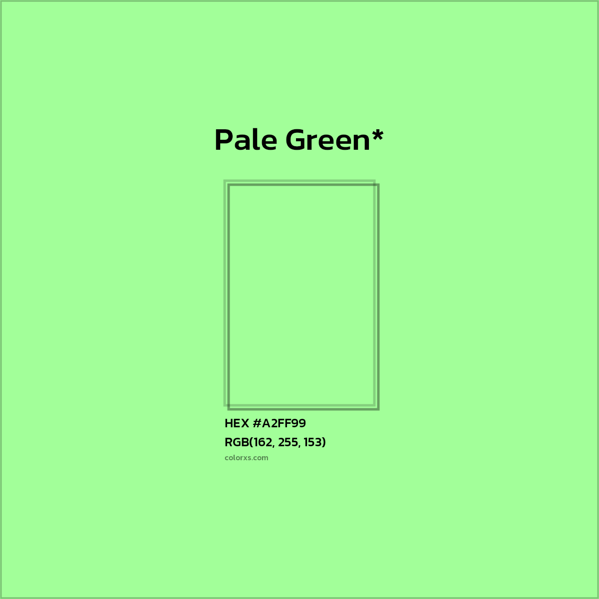 #A2FF99 hex color. RGB, RYB, CMYK, HSL, HSV codes and color conversions. Matching color names, palettes, paints.