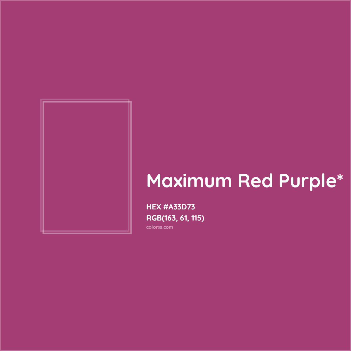 #A33D73 hex color. RGB, RYB, CMYK, HSL, HSV codes and color conversions. Matching color names, palettes, paints.