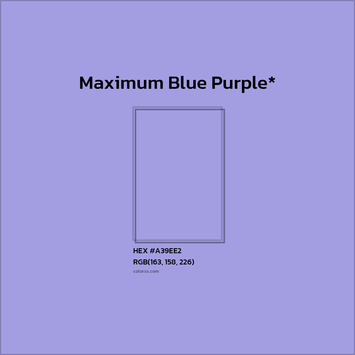 #A39EE2 hex color. RGB, RYB, CMYK, HSL, HSV codes and color conversions. Matching color names, palettes, paints.