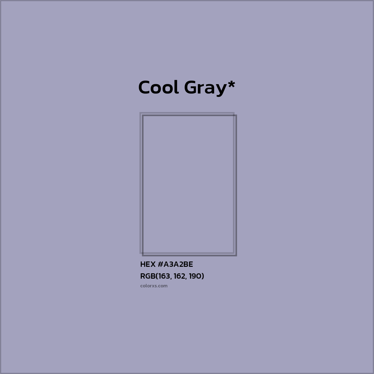 #A3A2BE hex color. RGB, RYB, CMYK, HSL, HSV codes and color conversions. Matching color names, palettes, paints.