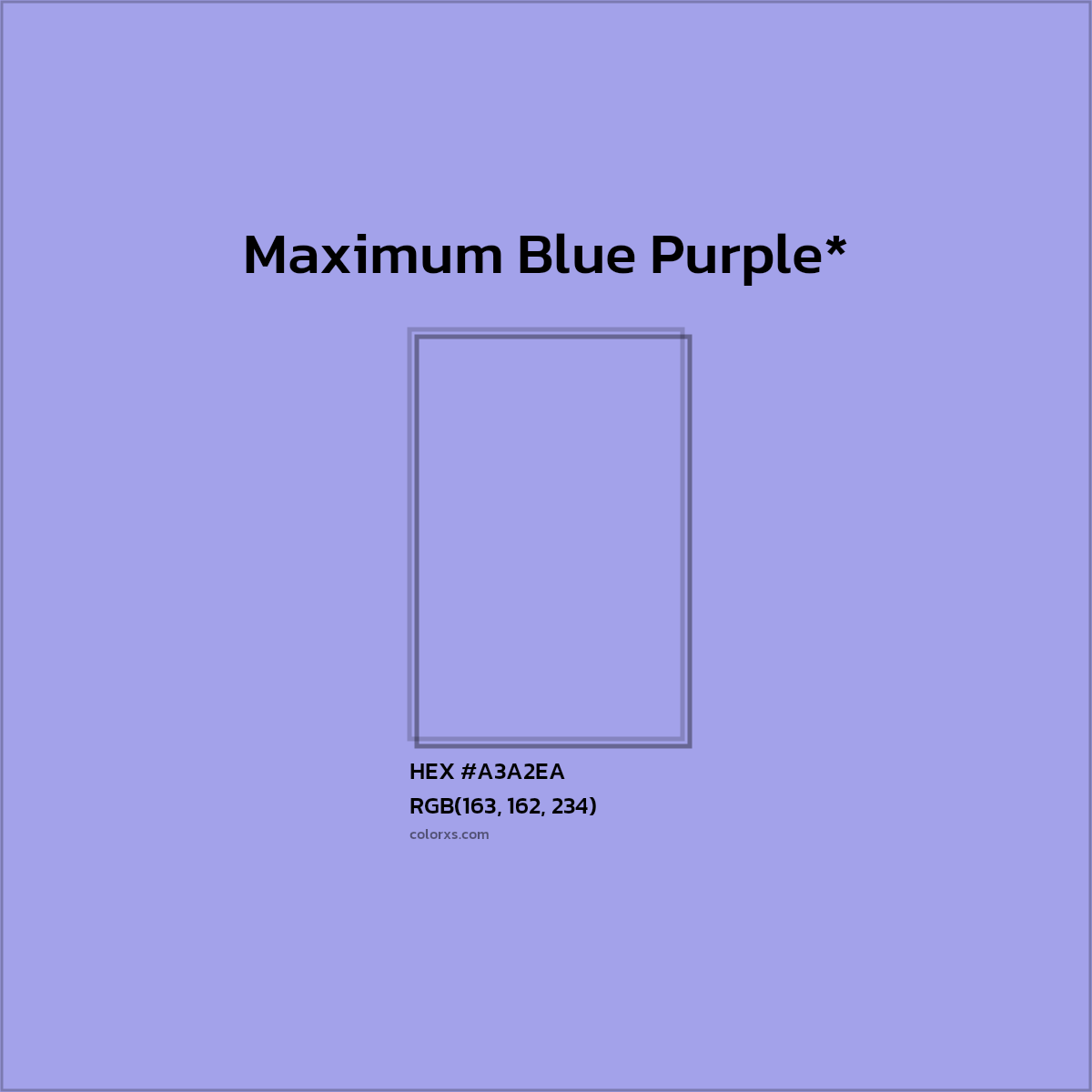 #A3A2EA hex color. RGB, RYB, CMYK, HSL, HSV codes and color conversions. Matching color names, palettes, paints.