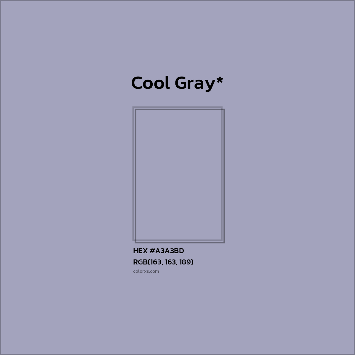 #A3A3BD hex color. RGB, RYB, CMYK, HSL, HSV codes and color conversions. Matching color names, palettes, paints.