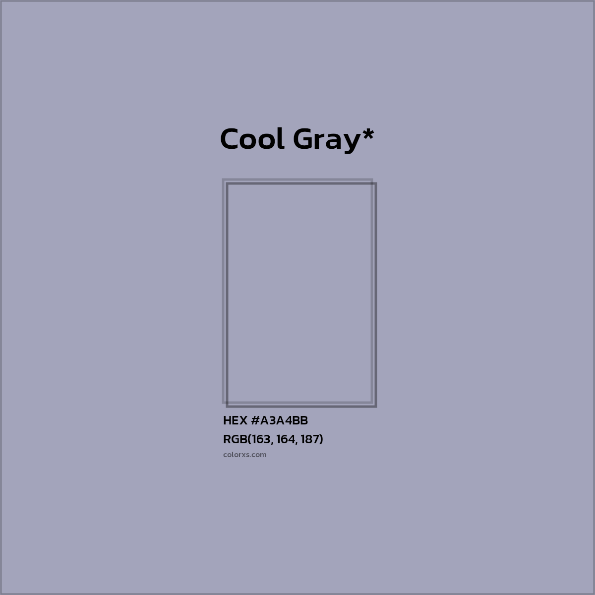 #A3A4BB hex color. RGB, RYB, CMYK, HSL, HSV codes and color conversions. Matching color names, palettes, paints.