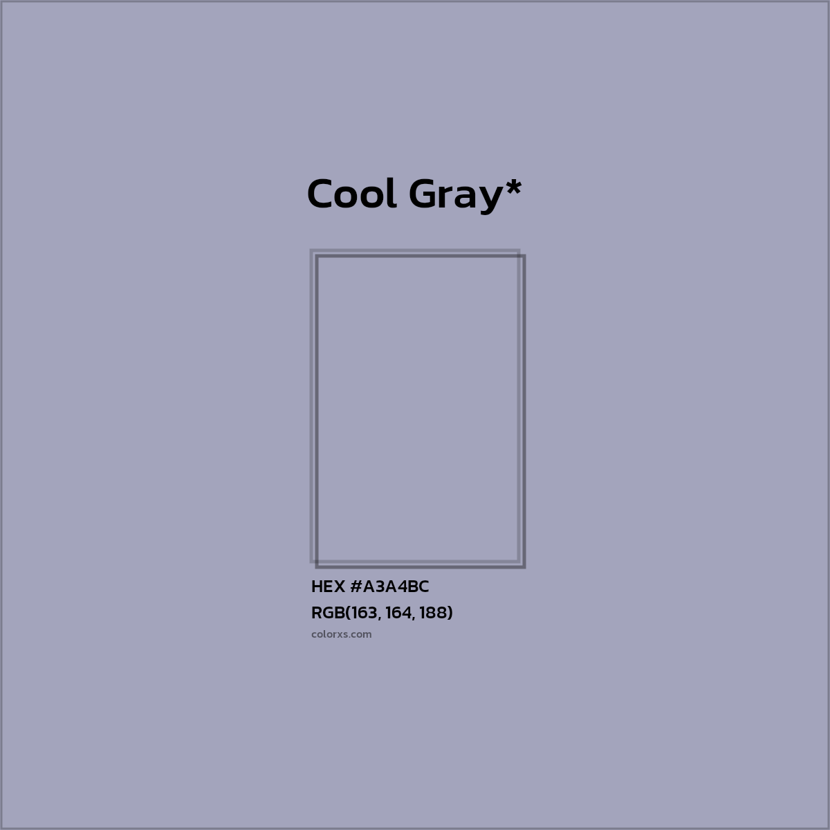 #A3A4BC hex color. RGB, RYB, CMYK, HSL, HSV codes and color conversions. Matching color names, palettes, paints.