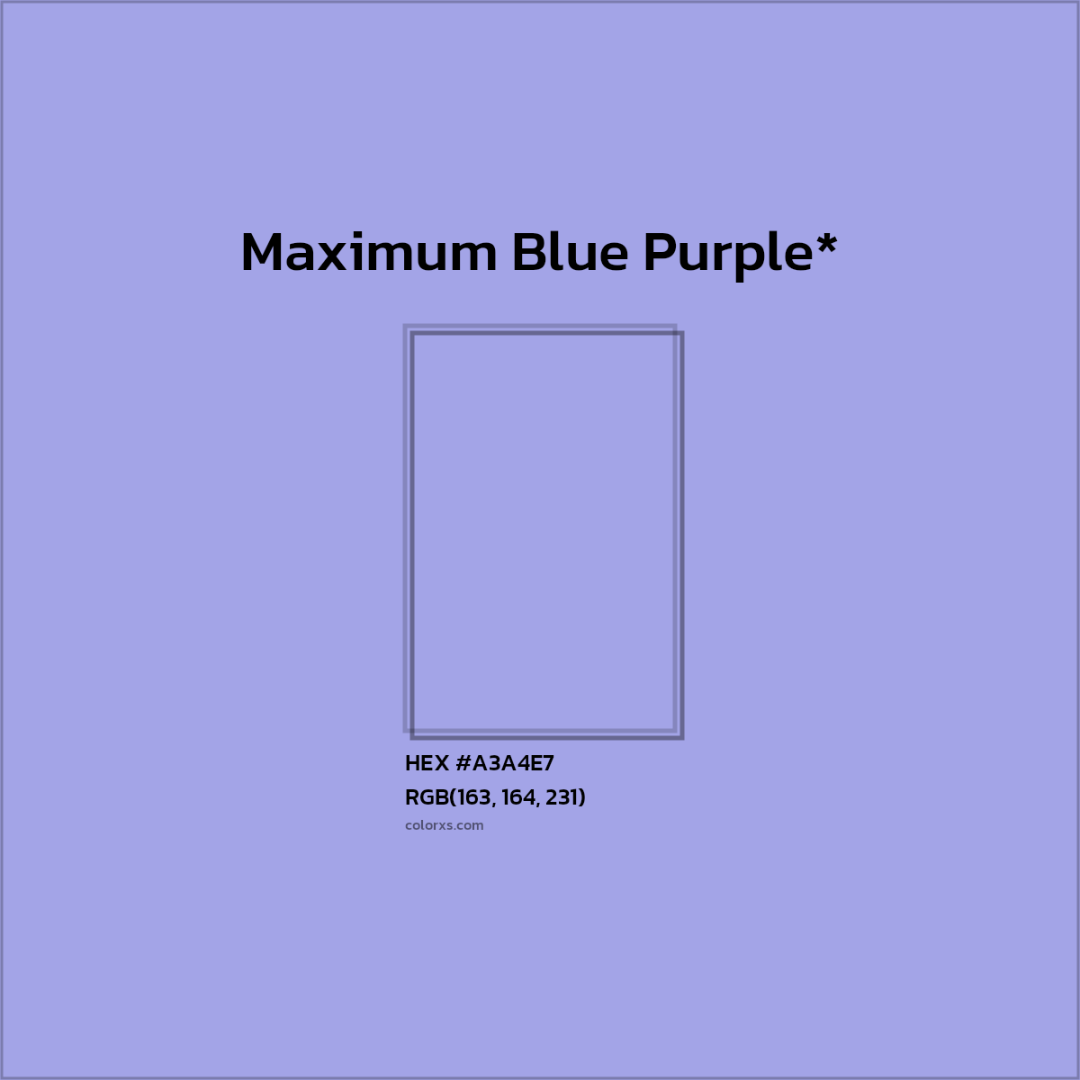 #A3A4E7 hex color. RGB, RYB, CMYK, HSL, HSV codes and color conversions. Matching color names, palettes, paints.