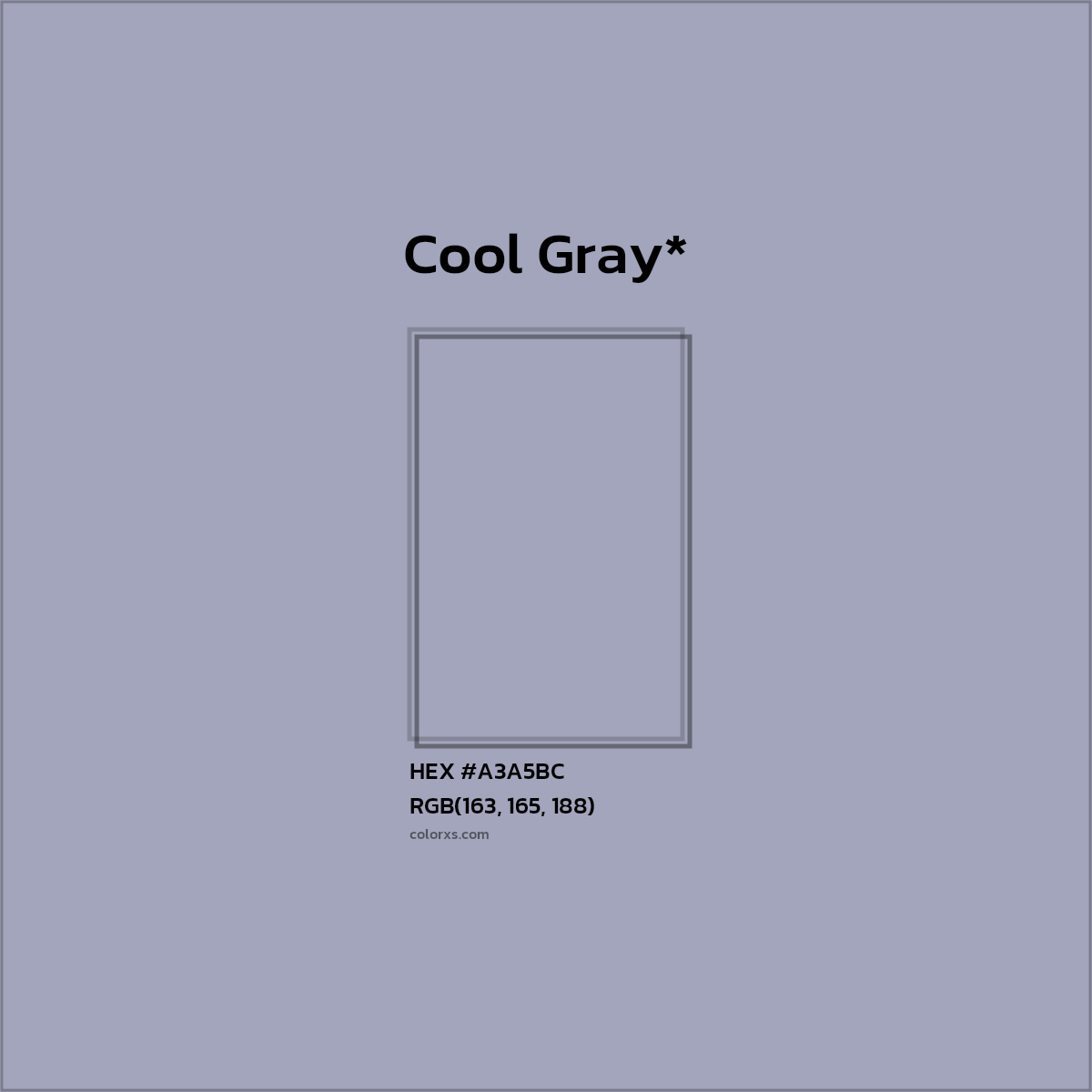 #A3A5BC hex color. RGB, RYB, CMYK, HSL, HSV codes and color conversions. Matching color names, palettes, paints.