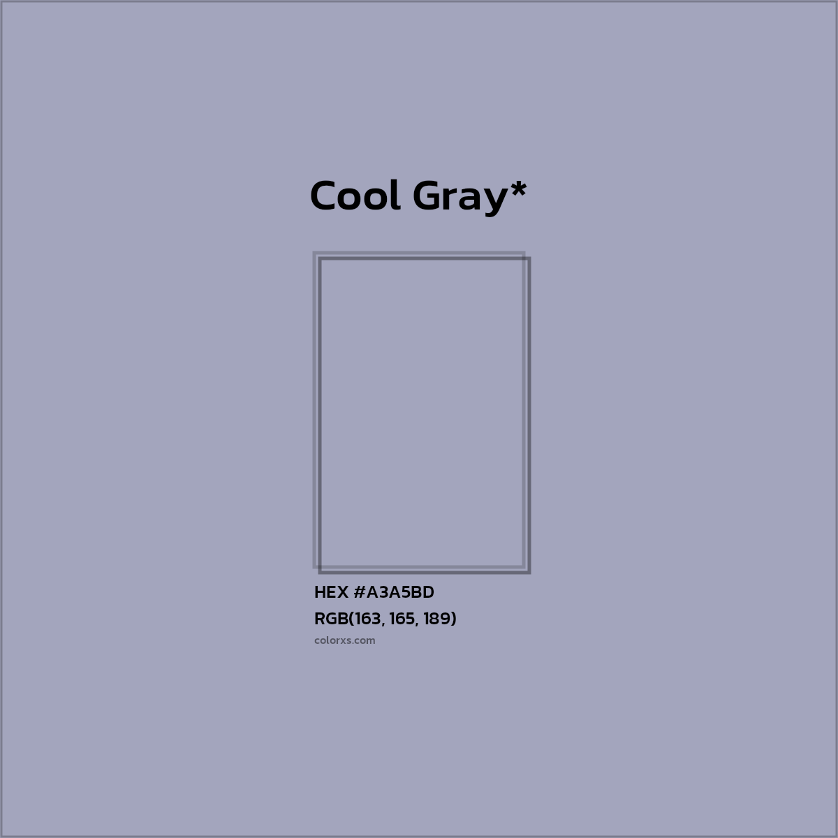 #A3A5BD hex color. RGB, RYB, CMYK, HSL, HSV codes and color conversions. Matching color names, palettes, paints.