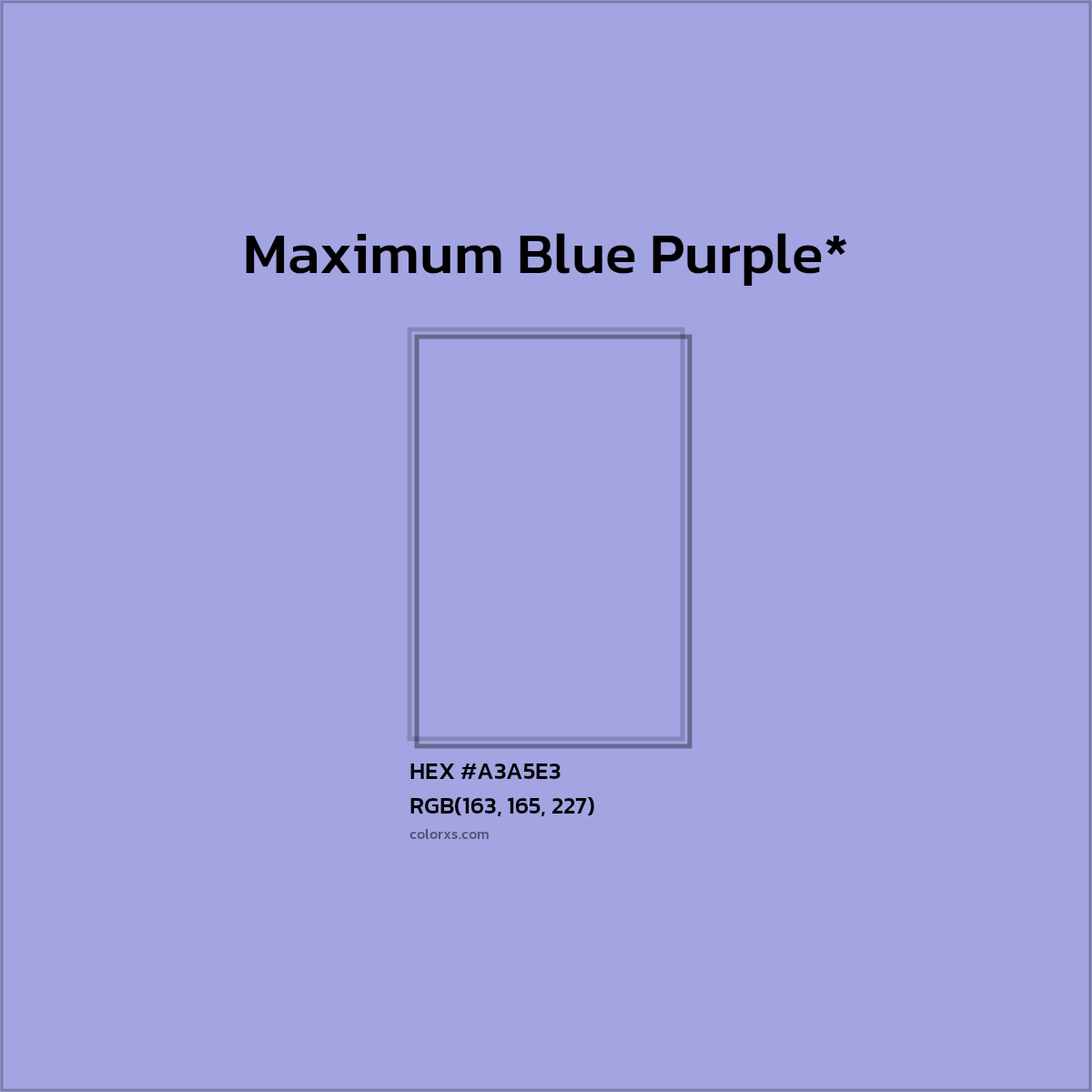 #A3A5E3 hex color. RGB, RYB, CMYK, HSL, HSV codes and color conversions. Matching color names, palettes, paints.