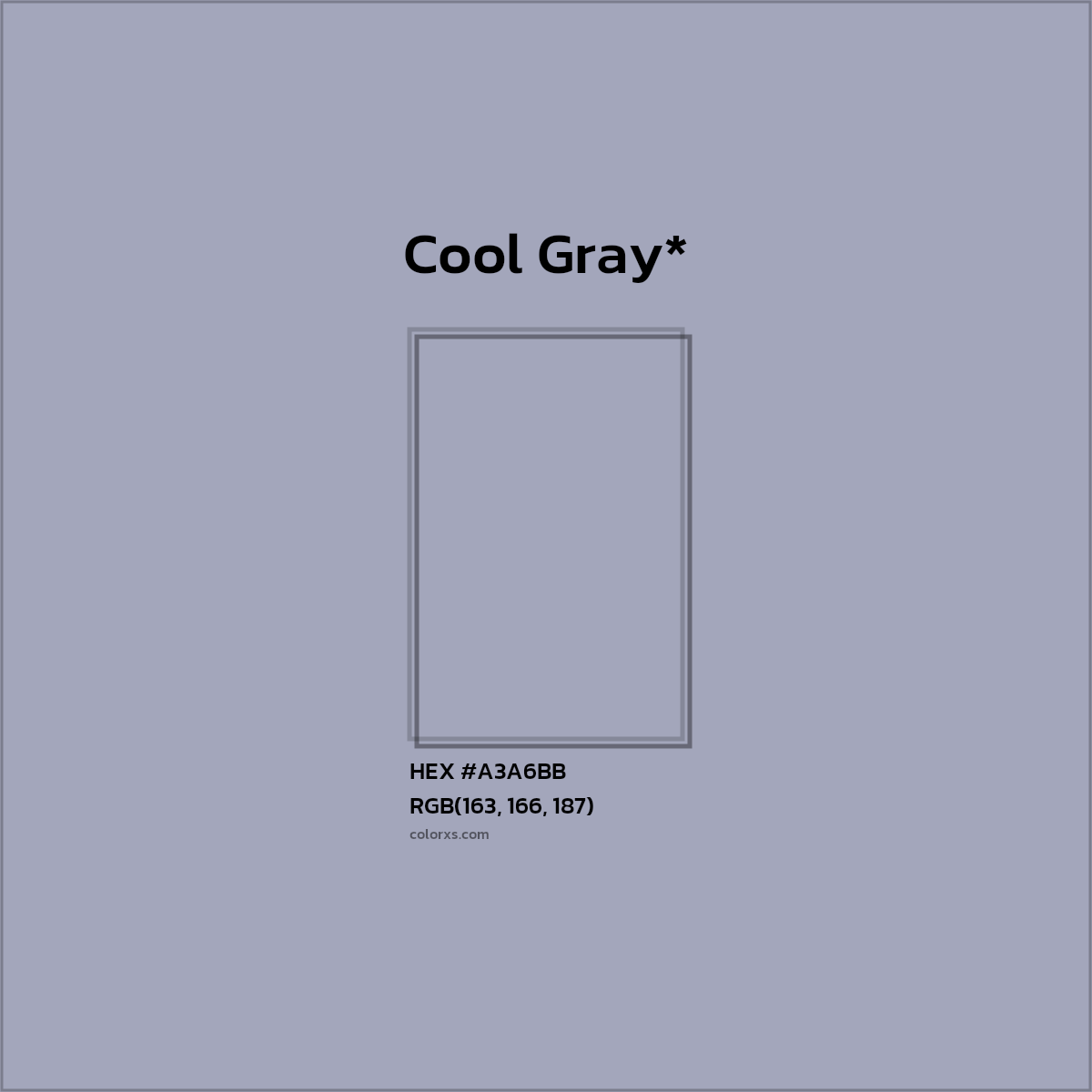 #A3A6BB hex color. RGB, RYB, CMYK, HSL, HSV codes and color conversions. Matching color names, palettes, paints.