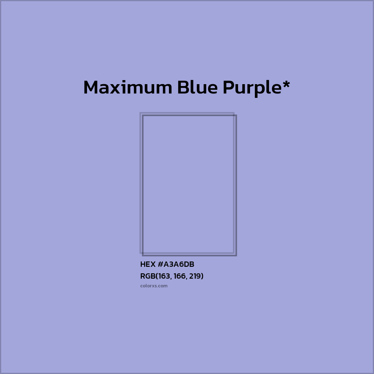 #A3A6DB hex color. RGB, RYB, CMYK, HSL, HSV codes and color conversions. Matching color names, palettes, paints.