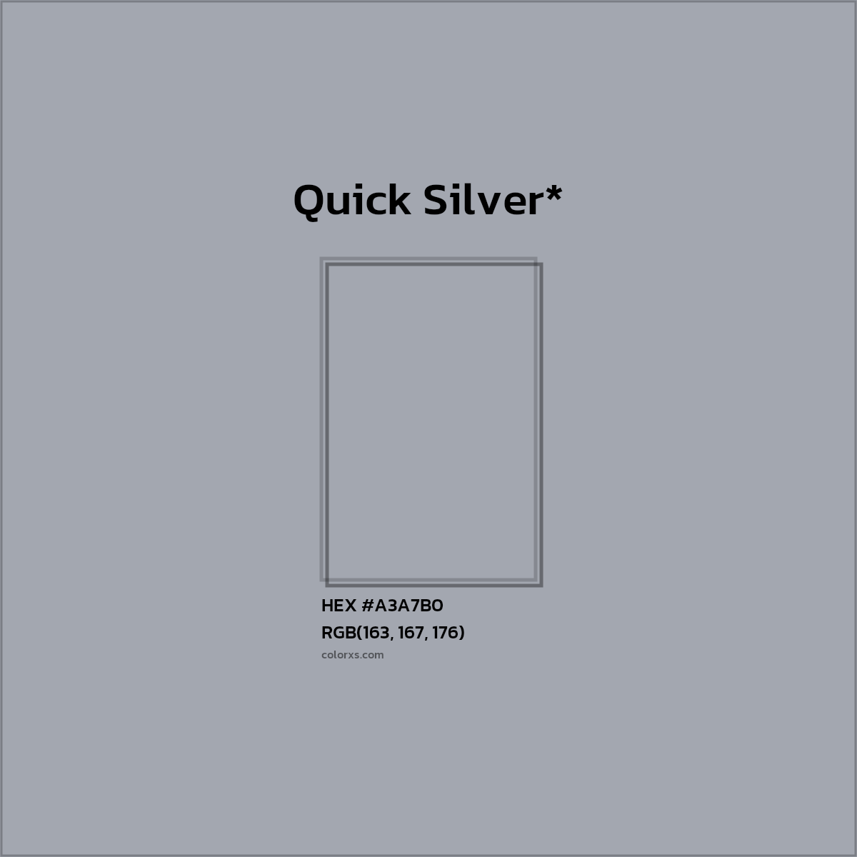 #A3A7B0 hex color. RGB, RYB, CMYK, HSL, HSV codes and color conversions. Matching color names, palettes, paints.