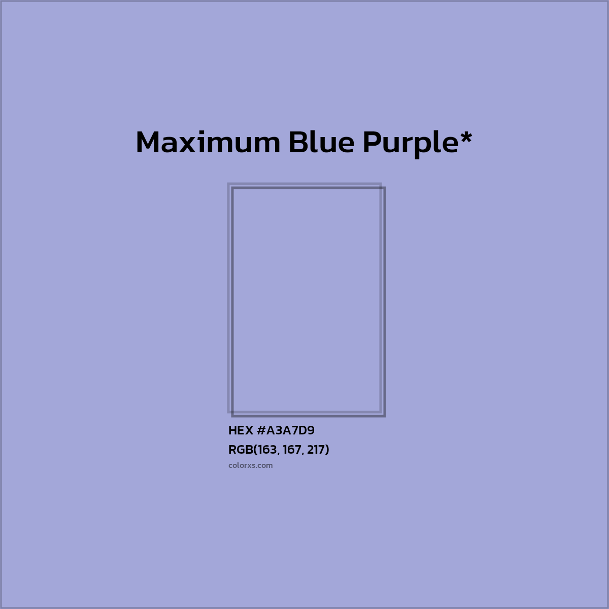 #A3A7D9 hex color. RGB, RYB, CMYK, HSL, HSV codes and color conversions. Matching color names, palettes, paints.
