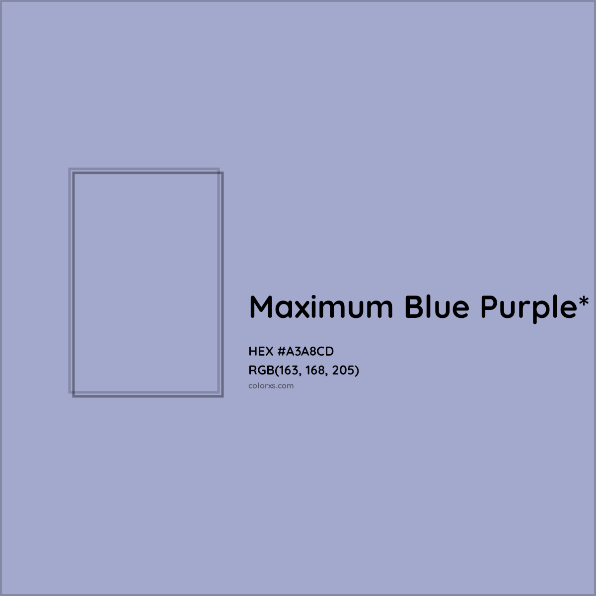 #A3A8CD hex color. RGB, RYB, CMYK, HSL, HSV codes and color conversions. Matching color names, palettes, paints.