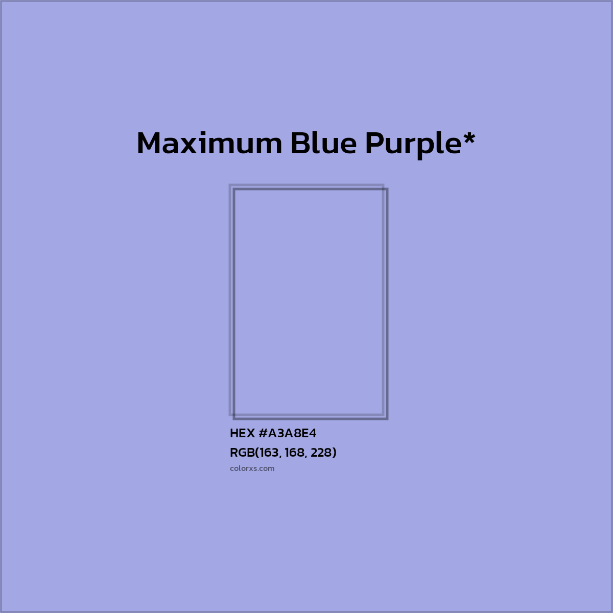 #A3A8E4 hex color. RGB, RYB, CMYK, HSL, HSV codes and color conversions. Matching color names, palettes, paints.