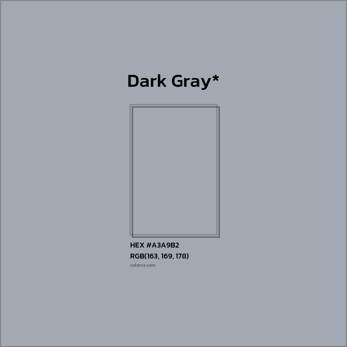 #A3A9B2 hex color. RGB, RYB, CMYK, HSL, HSV codes and color conversions. Matching color names, palettes, paints.