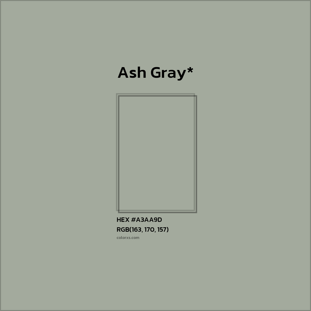 #A3AA9D hex color. RGB, RYB, CMYK, HSL, HSV codes and color conversions. Matching color names, palettes, paints.