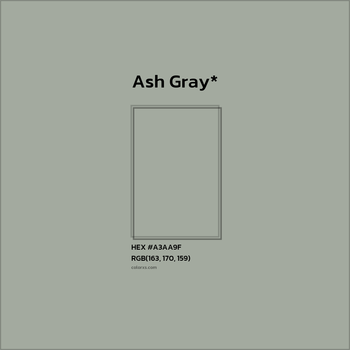 #A3AA9F hex color. RGB, RYB, CMYK, HSL, HSV codes and color conversions. Matching color names, palettes, paints.