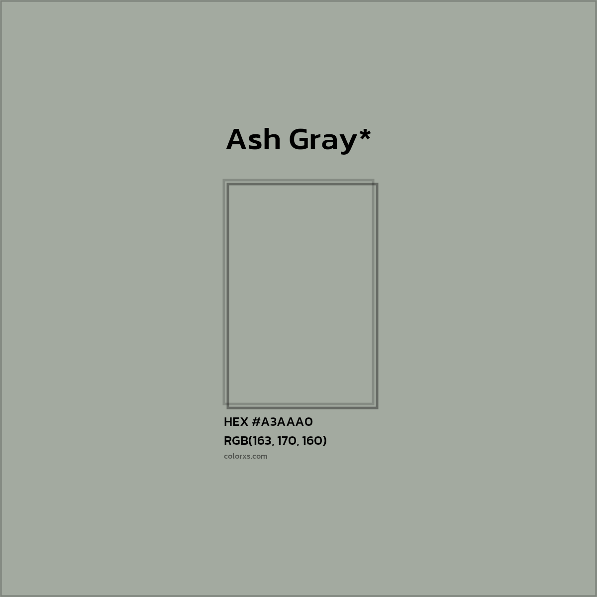 #A3AAA0 hex color. RGB, RYB, CMYK, HSL, HSV codes and color conversions. Matching color names, palettes, paints.