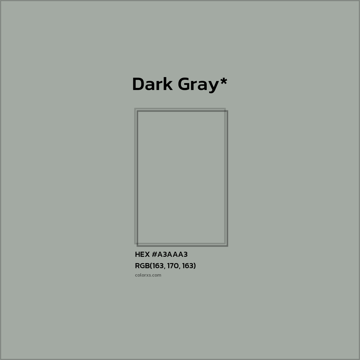 #A3AAA3 hex color. RGB, RYB, CMYK, HSL, HSV codes and color conversions. Matching color names, palettes, paints.
