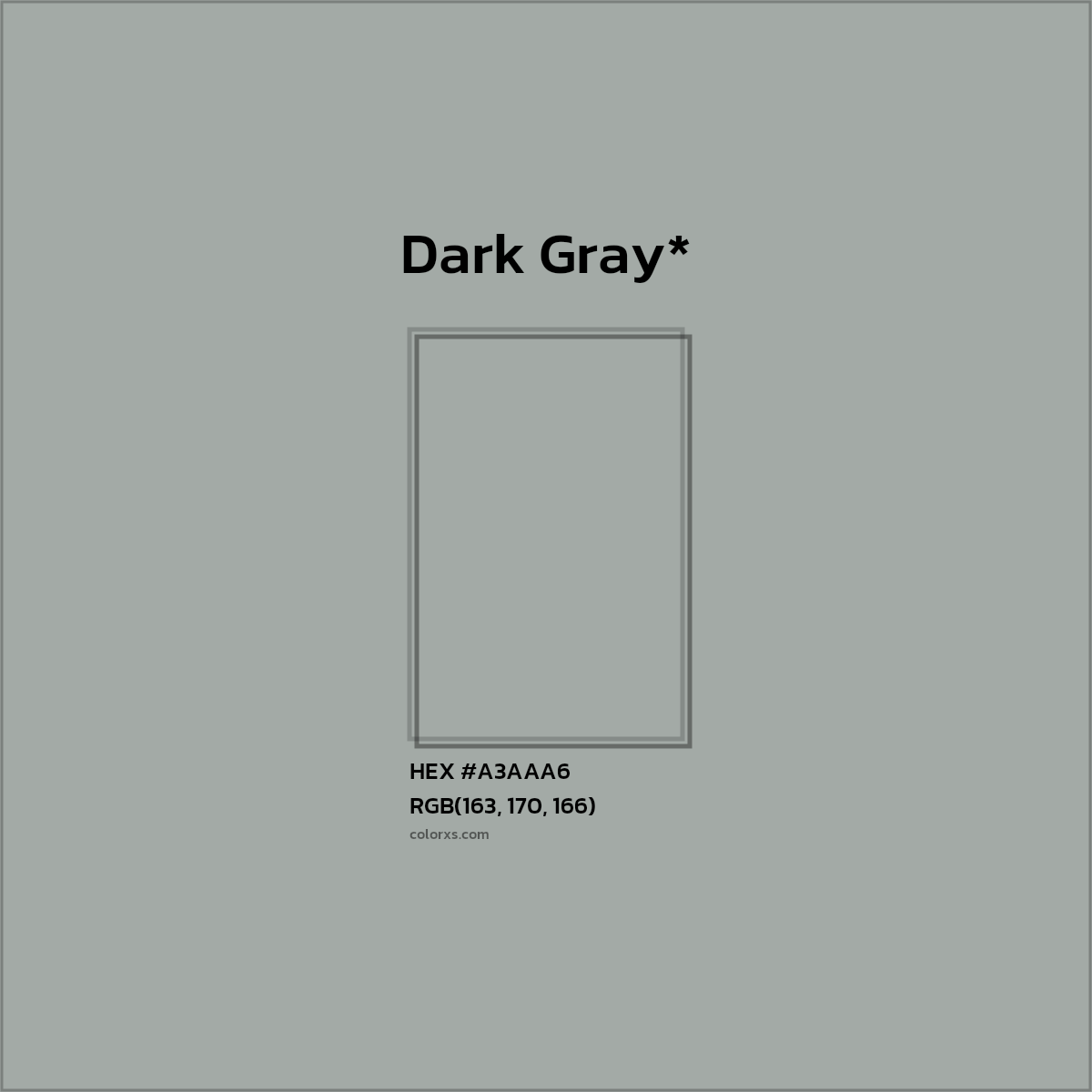 #A3AAA6 hex color. RGB, RYB, CMYK, HSL, HSV codes and color conversions. Matching color names, palettes, paints.