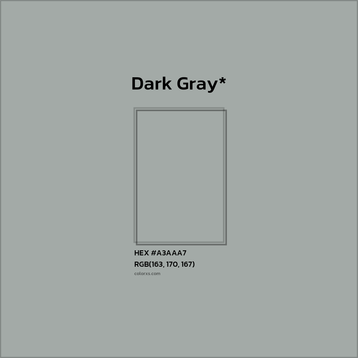 #A3AAA7 hex color. RGB, RYB, CMYK, HSL, HSV codes and color conversions. Matching color names, palettes, paints.