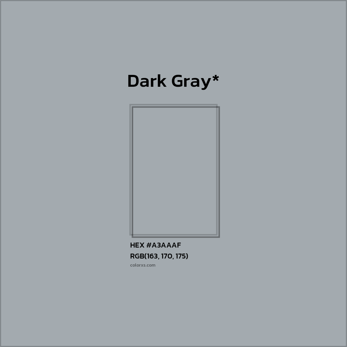 #A3AAAF hex color. RGB, RYB, CMYK, HSL, HSV codes and color conversions. Matching color names, palettes, paints.