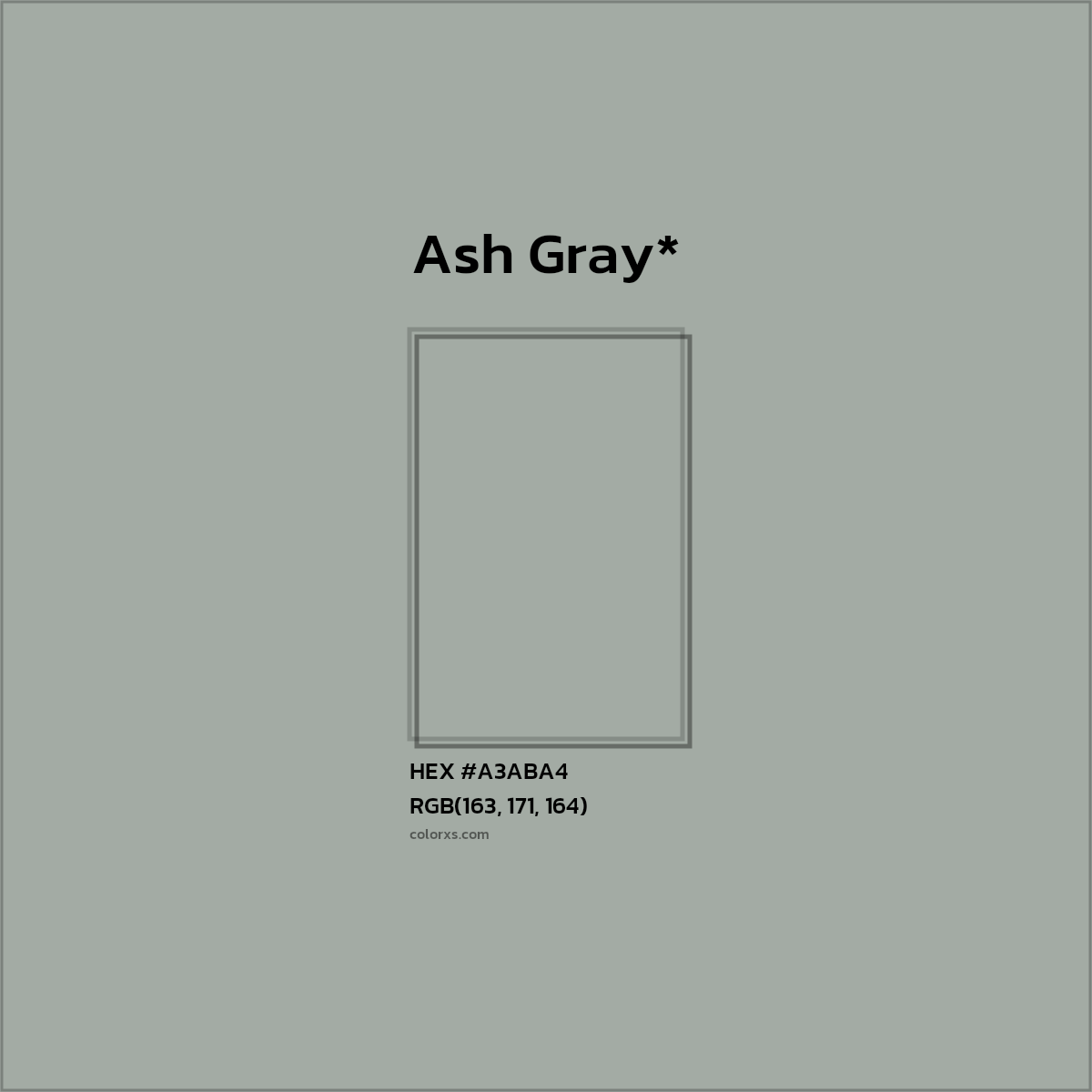 #A3ABA4 hex color. RGB, RYB, CMYK, HSL, HSV codes and color conversions. Matching color names, palettes, paints.