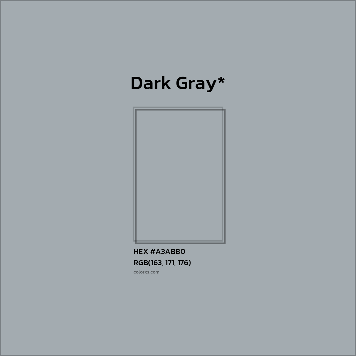 #A3ABB0 hex color. RGB, RYB, CMYK, HSL, HSV codes and color conversions. Matching color names, palettes, paints.