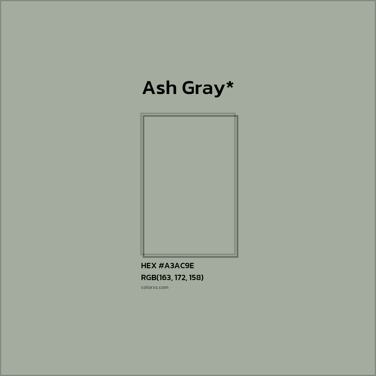 #A3AC9E hex color. RGB, RYB, CMYK, HSL, HSV codes and color conversions. Matching color names, palettes, paints.