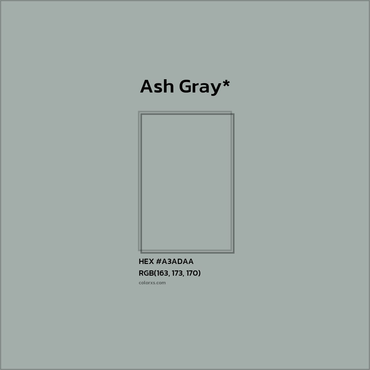 #A3ADAA hex color. RGB, RYB, CMYK, HSL, HSV codes and color conversions. Matching color names, palettes, paints.