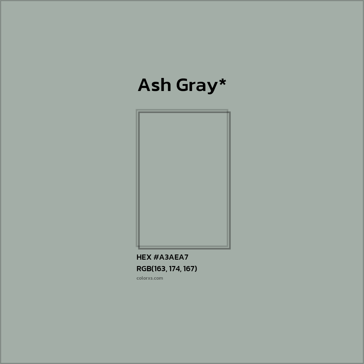 #A3AEA7 hex color. RGB, RYB, CMYK, HSL, HSV codes and color conversions. Matching color names, palettes, paints.