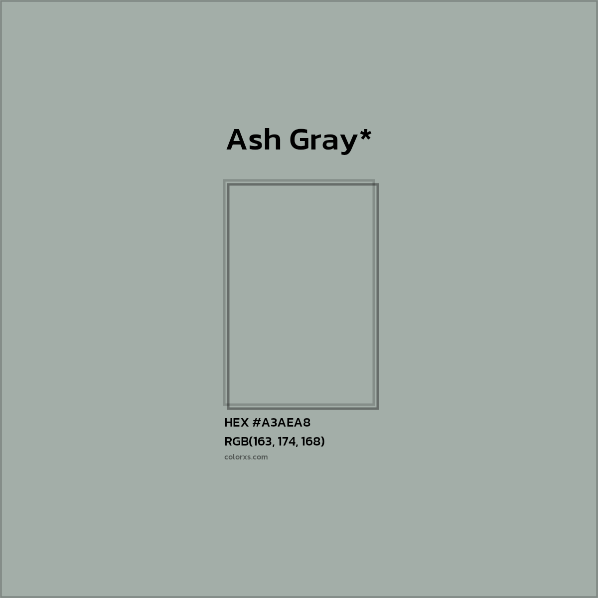 #A3AEA8 hex color. RGB, RYB, CMYK, HSL, HSV codes and color conversions. Matching color names, palettes, paints.