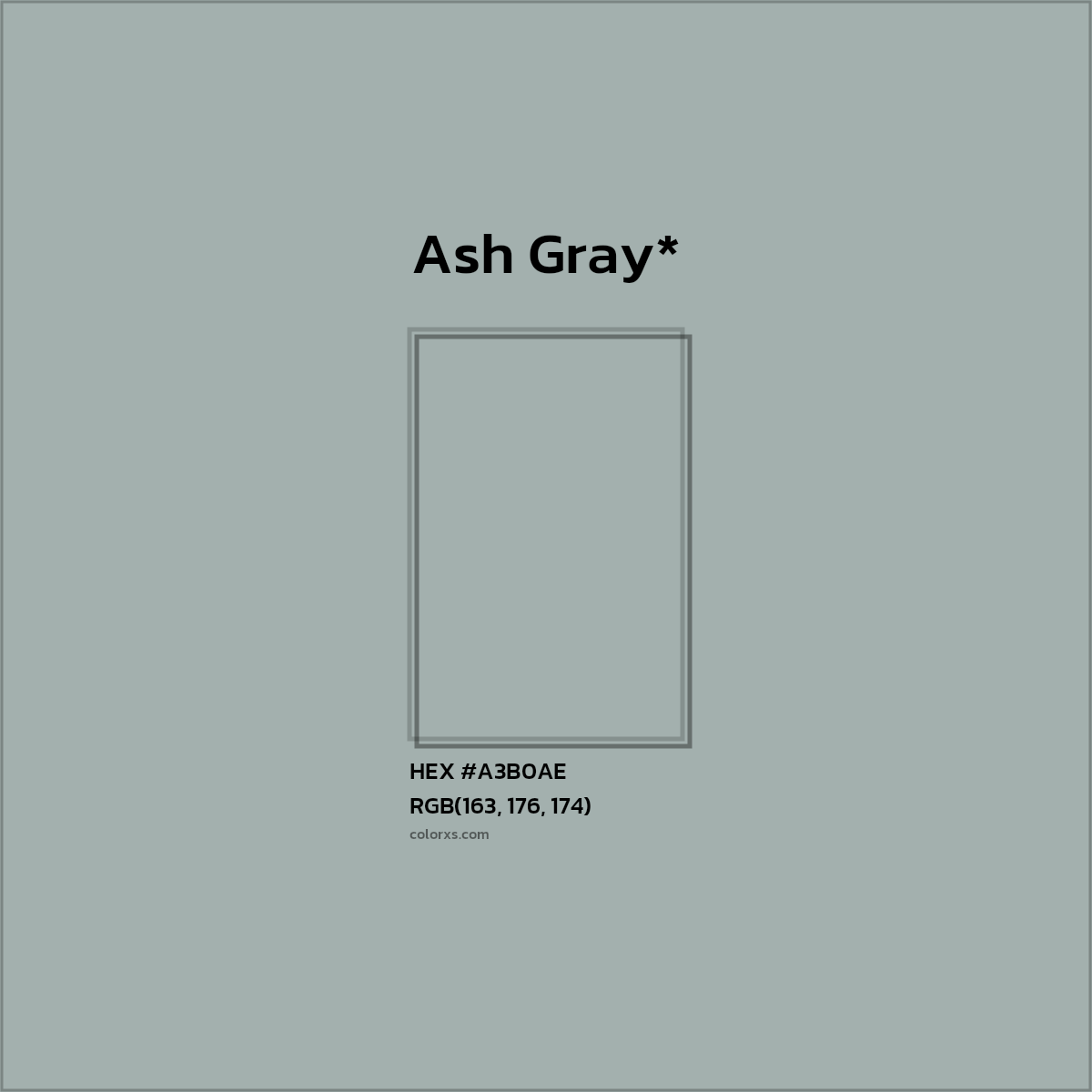 #A3B0AE hex color. RGB, RYB, CMYK, HSL, HSV codes and color conversions. Matching color names, palettes, paints.