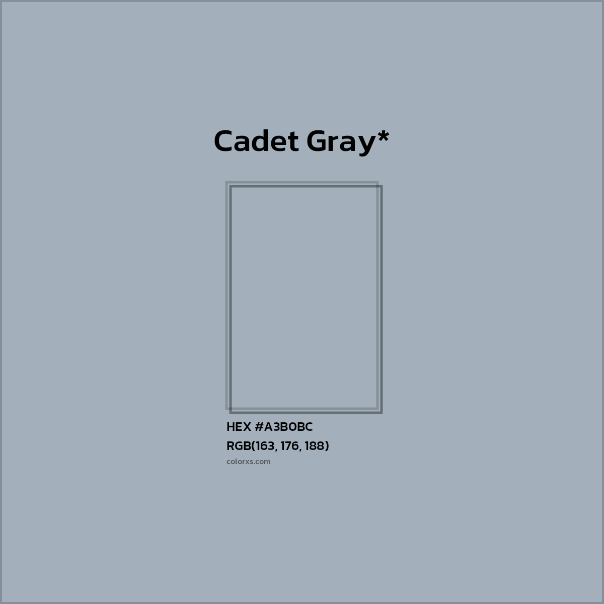 #A3B0BC hex color. RGB, RYB, CMYK, HSL, HSV codes and color conversions. Matching color names, palettes, paints.