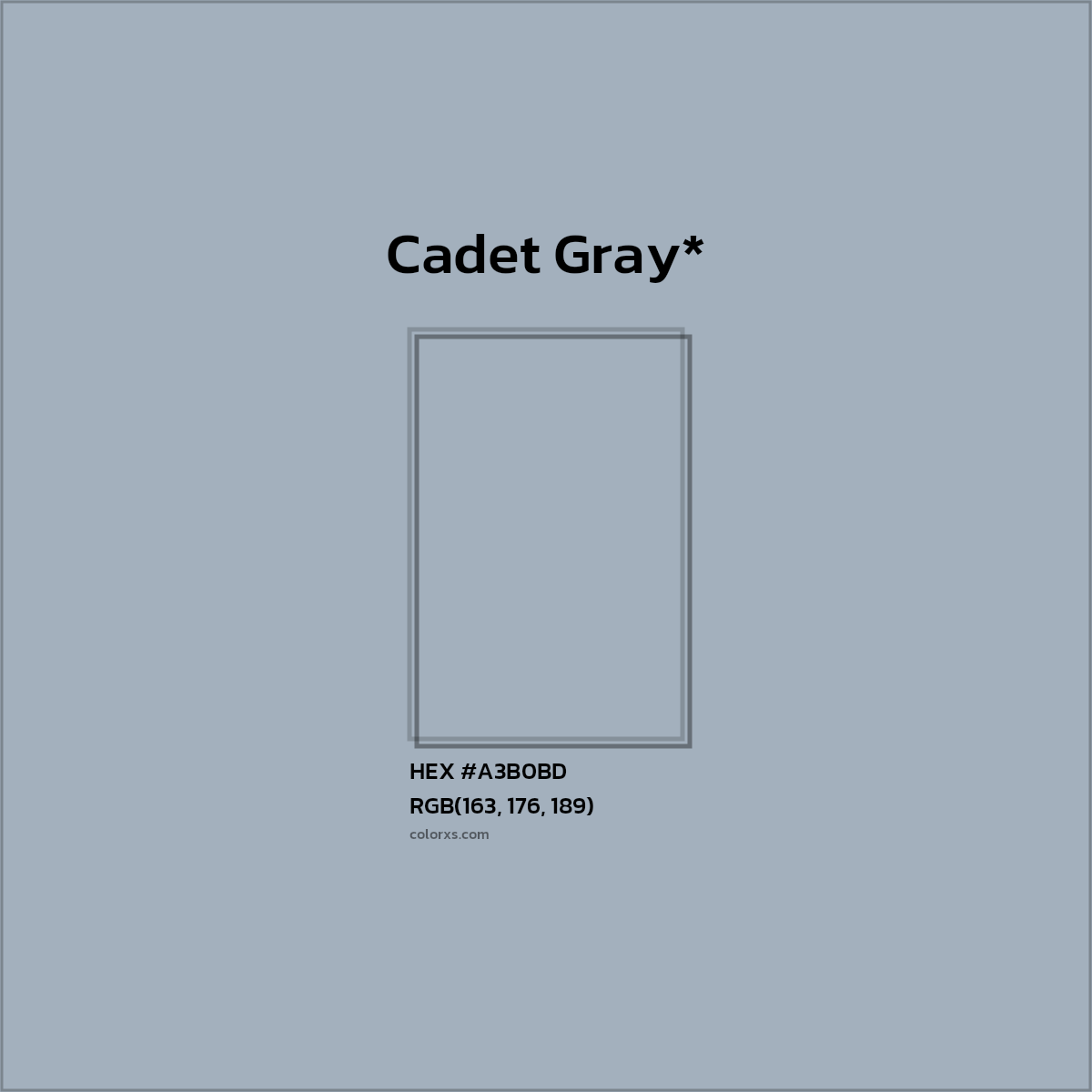#A3B0BD hex color. RGB, RYB, CMYK, HSL, HSV codes and color conversions. Matching color names, palettes, paints.