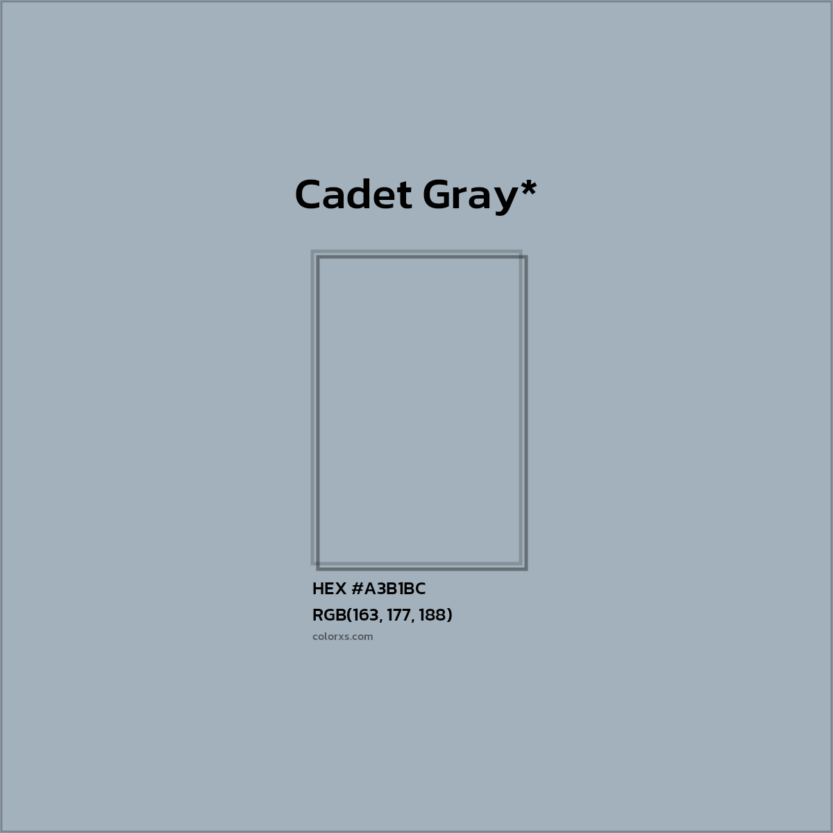 #A3B1BC hex color. RGB, RYB, CMYK, HSL, HSV codes and color conversions. Matching color names, palettes, paints.