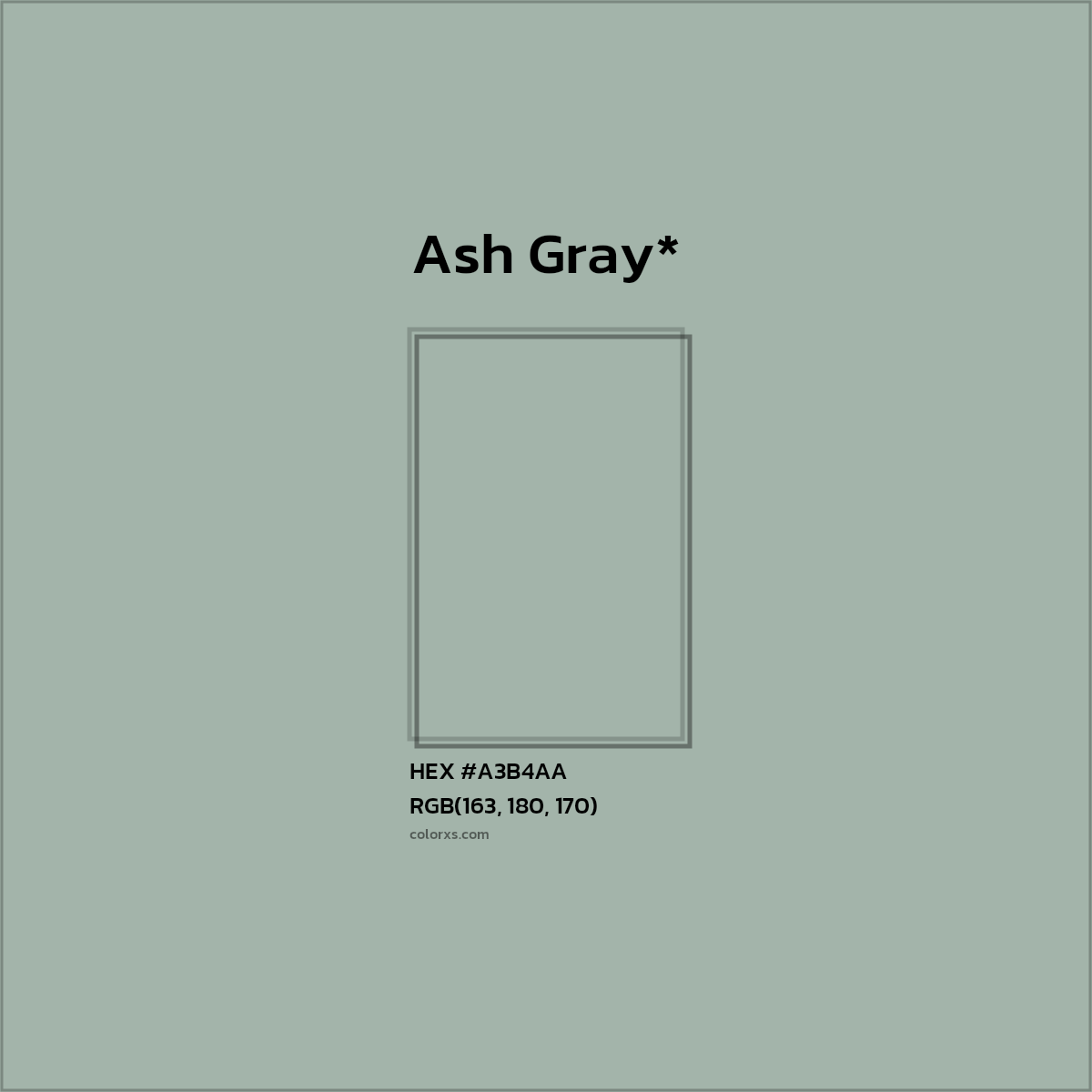 #A3B4AA hex color. RGB, RYB, CMYK, HSL, HSV codes and color conversions. Matching color names, palettes, paints.