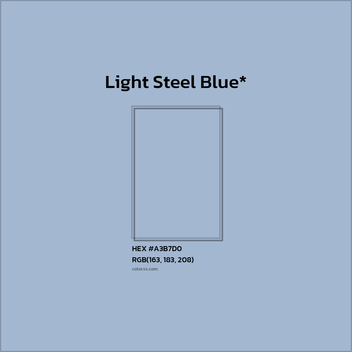 #A3B7D0 hex color. RGB, RYB, CMYK, HSL, HSV codes and color conversions. Matching color names, palettes, paints.