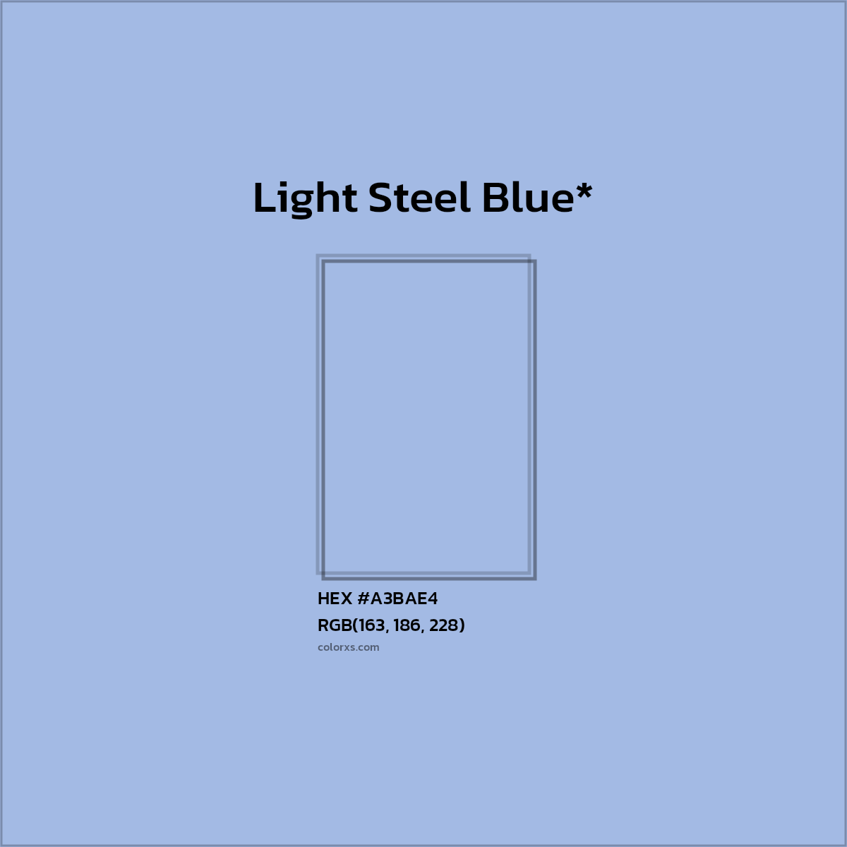 #A3BAE4 hex color. RGB, RYB, CMYK, HSL, HSV codes and color conversions. Matching color names, palettes, paints.