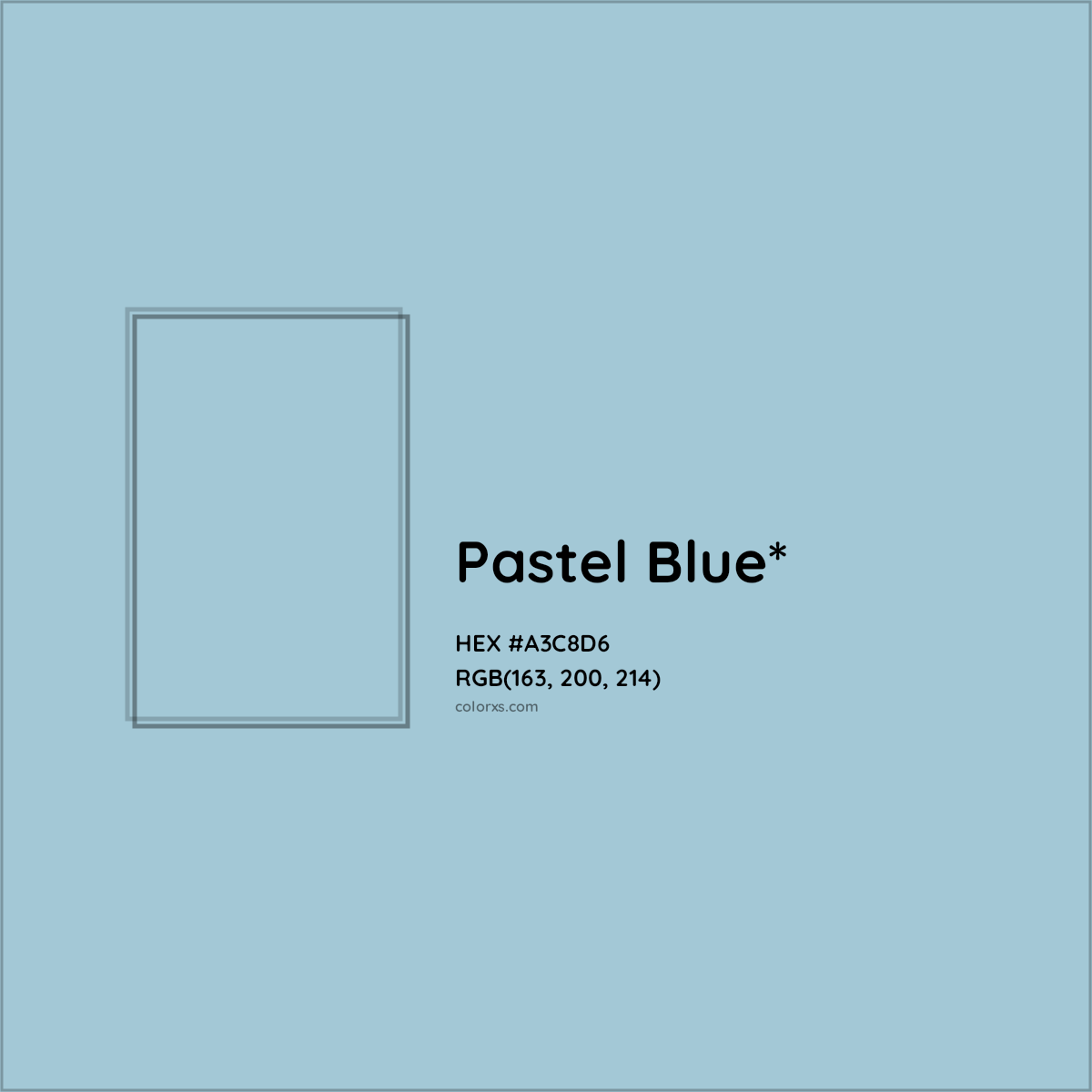 #A3C8D6 hex color. RGB, RYB, CMYK, HSL, HSV codes and color conversions. Matching color names, palettes, paints.