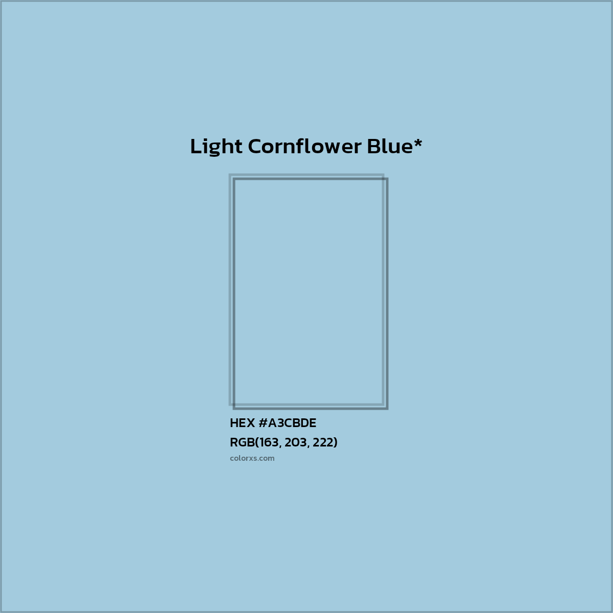 #A3CBDE hex color. RGB, RYB, CMYK, HSL, HSV codes and color conversions. Matching color names, palettes, paints.
